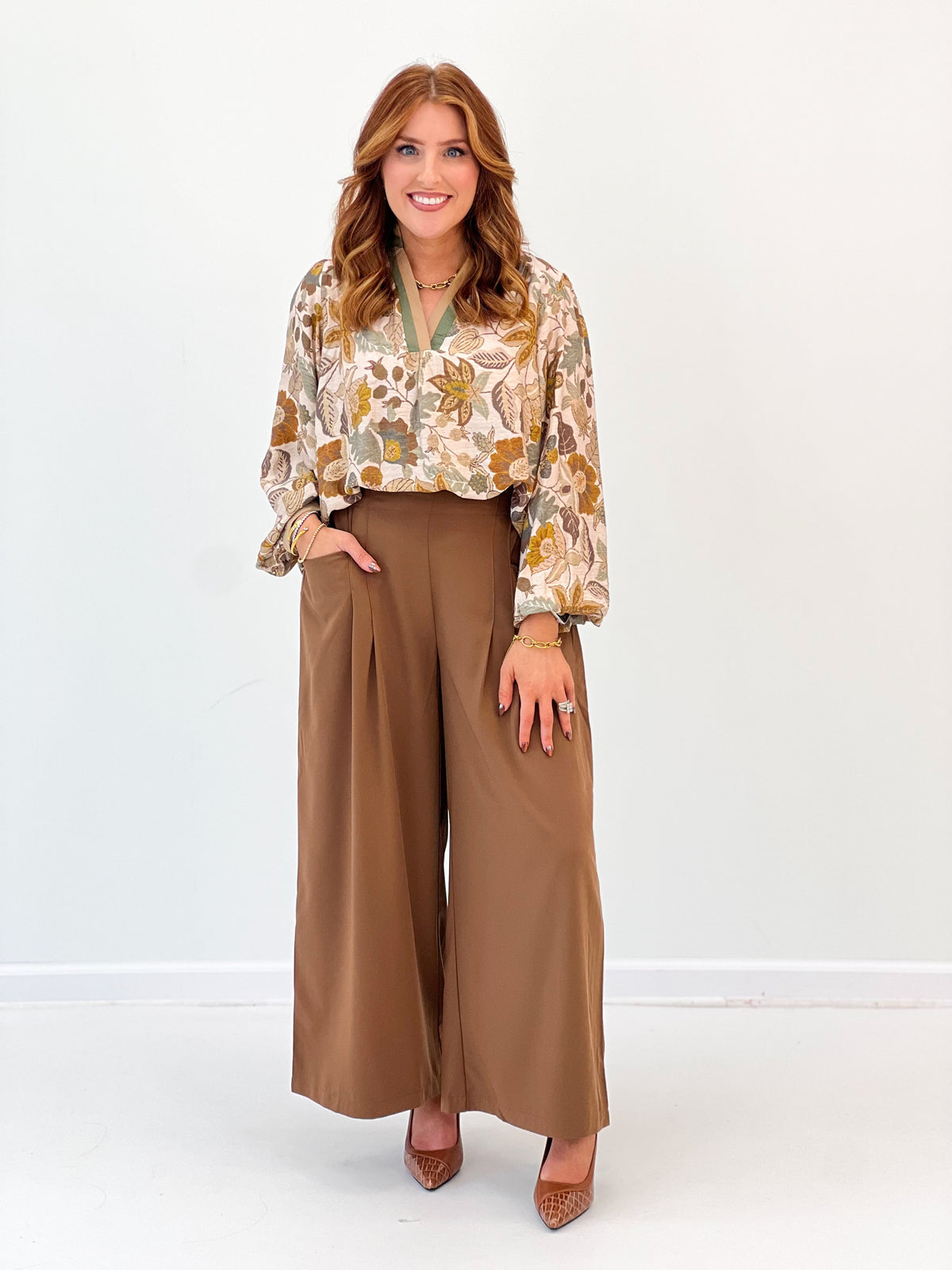 Umgee Floral Contrast Trim Long Sleeve Top