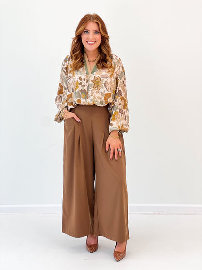 Umgee Floral Contrast Trim Long Sleeve Top
