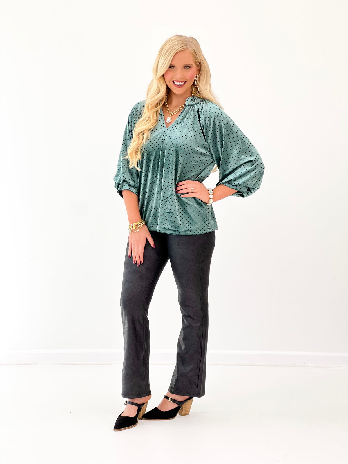 Umgee Velvet Polka Dot Balloon Sleeve Blouse
