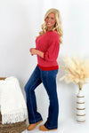 Red Ribbed Puff Sleeve Top