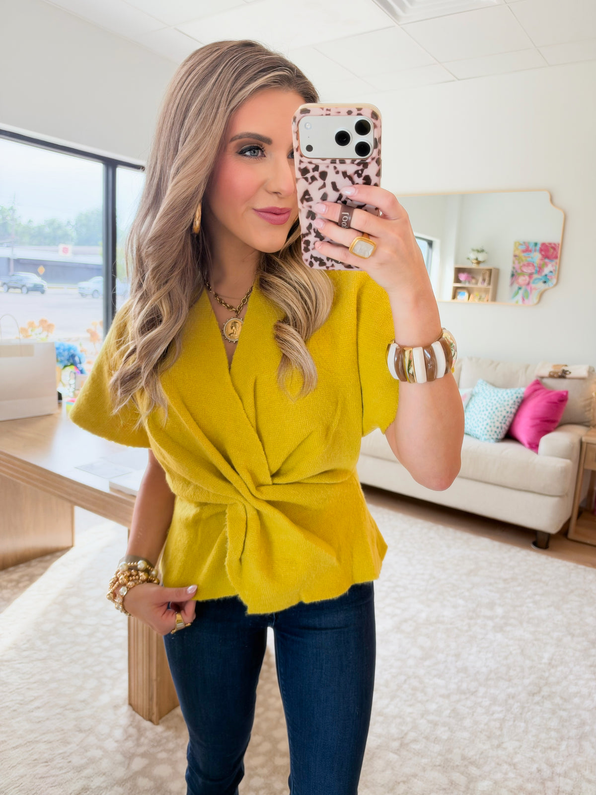 Yours Truly Twist Front Short Sleeve Sweater Top