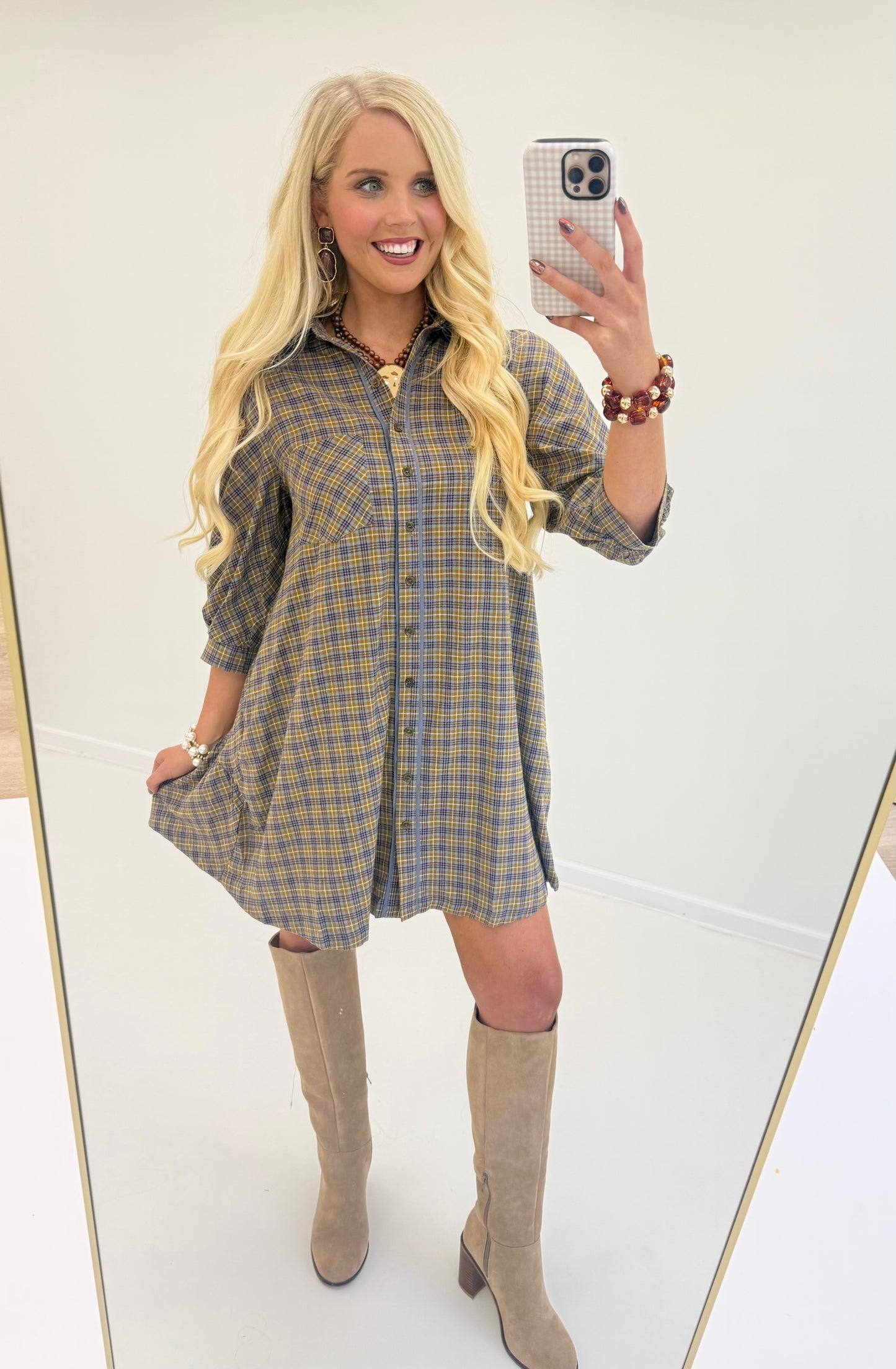 Plaid button-down long-sleeve dress in blue-and-grey, with front buttons