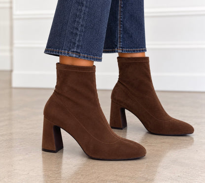 Chocolate suede ankle booties with block heel and pull-on shaft