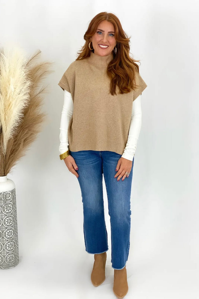 Taupe Mock Neck Sleeveless Sweater