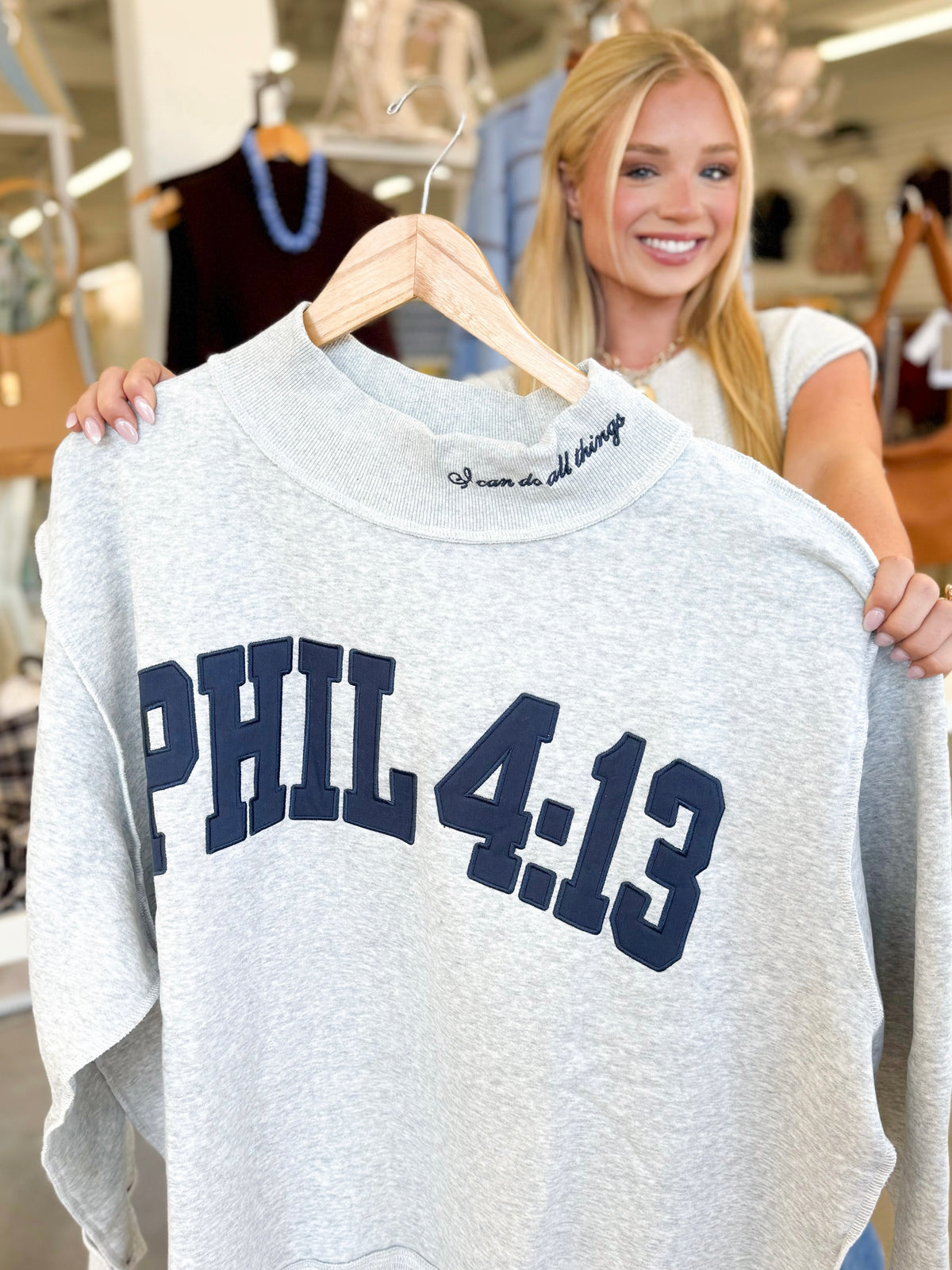 Heather grey sweatshirt with embroidered 'PHIL 4:13' front lettering, crew neck
