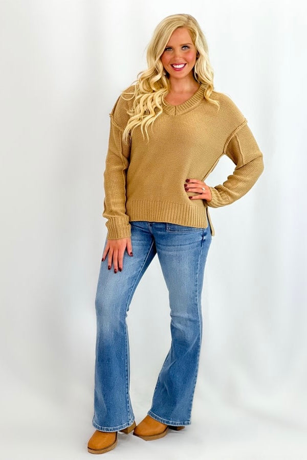 Mocha V-Neck Ribbed Hem Sweater