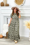 Olive Floral Print Short Sleeve Maxi Dress