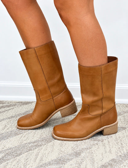 Taupe tall leather pull-on boots with stacked heel and rounded toe