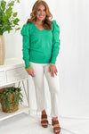 Green V-Neck Puff Sleeve Sweater