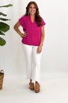 Fuchsia Textured V-Neck Short Sleeve Top