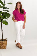 Fuchsia Textured V-Neck Short Sleeve Top