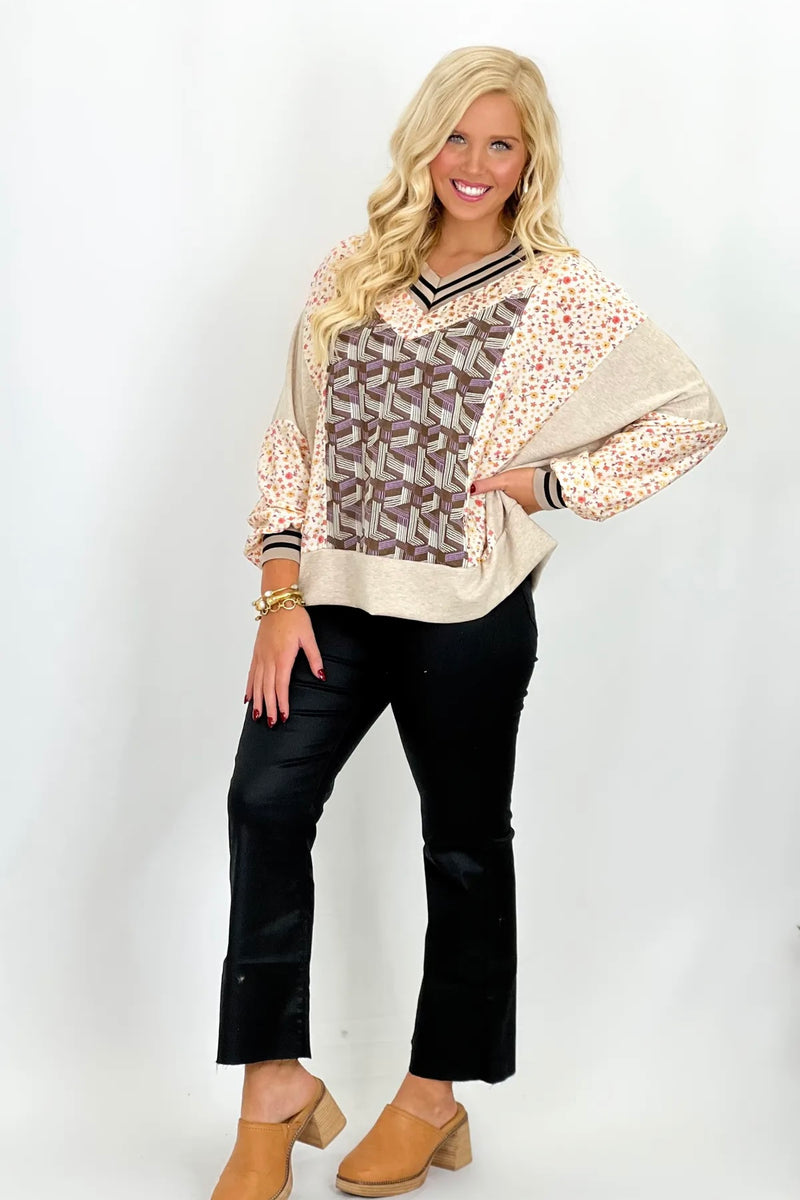 Oatmeal Combo V-Neck Patchwork Top