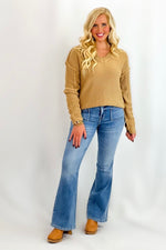 Mocha V-Neck Ribbed Hem Sweater