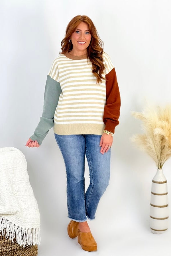 Taupe and White Color Block Stripe Sweater