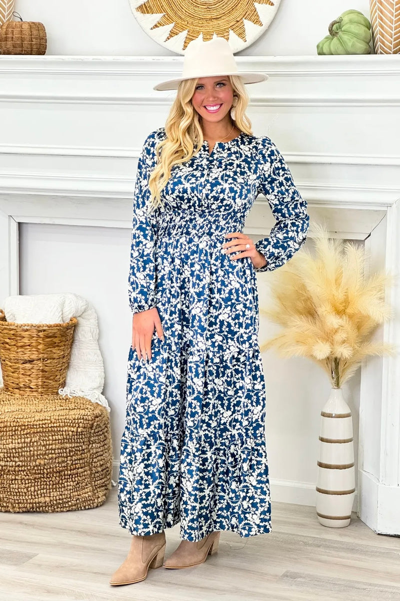 Navy Satin Floral Maxi Dress