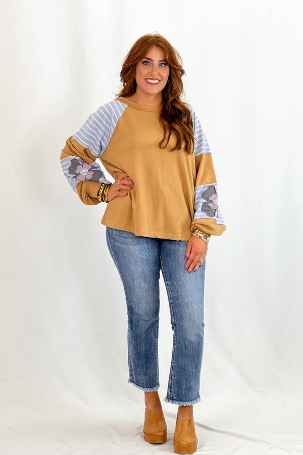 Camel Flower Patch Contrast Long Sleeve Top