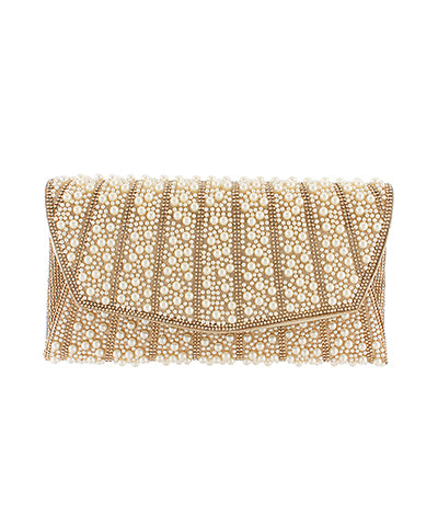 Golden Stella Pearl & Crystal Clutch Bag in Gold/Cream