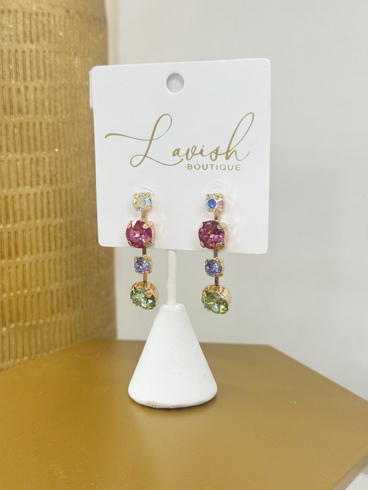 Multi-color crystal linear drop earrings, four dangling stones