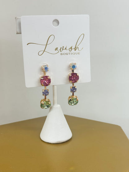 Crystal linear drop earrings with four gems in blue, purple, green and pink
