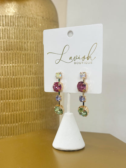 Multi-color crystal linear drop earrings, four-stone vertical design