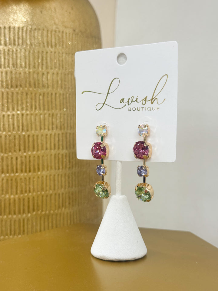 Multi-color crystal linear drop earrings, four-stone vertical design