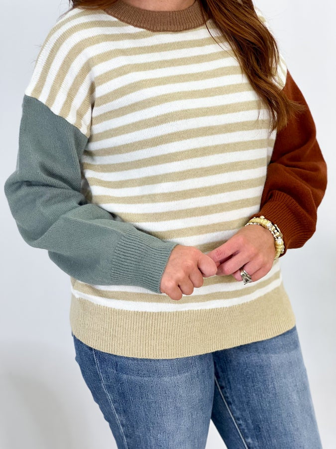 Taupe and White Color Block Stripe Sweater