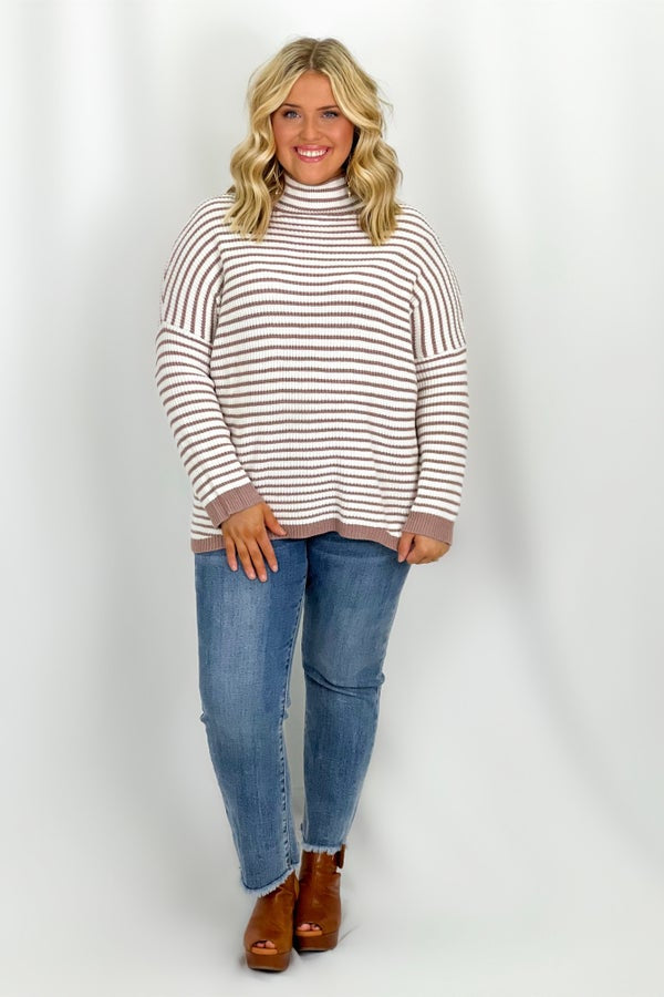 Mocha Striped Mock Neck Tunic Sweater