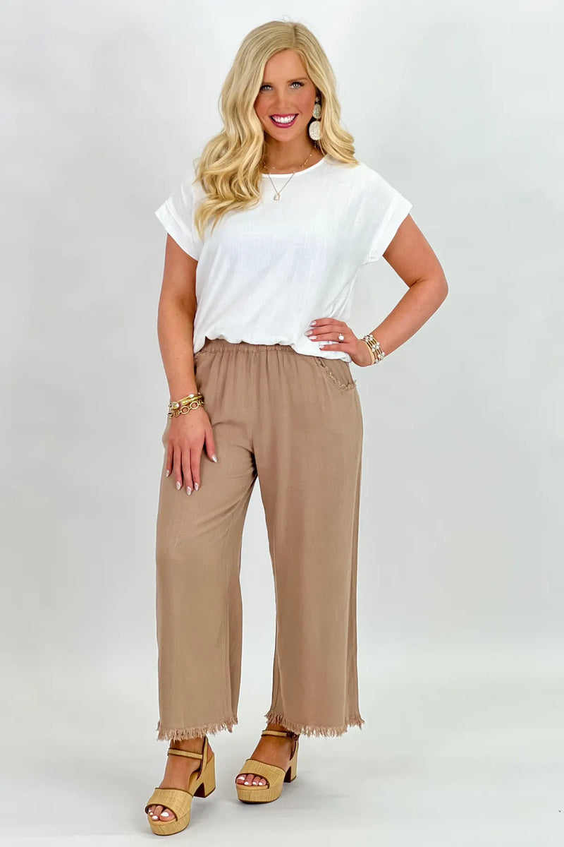 Latte Wide Leg Elastic Frayed Pants