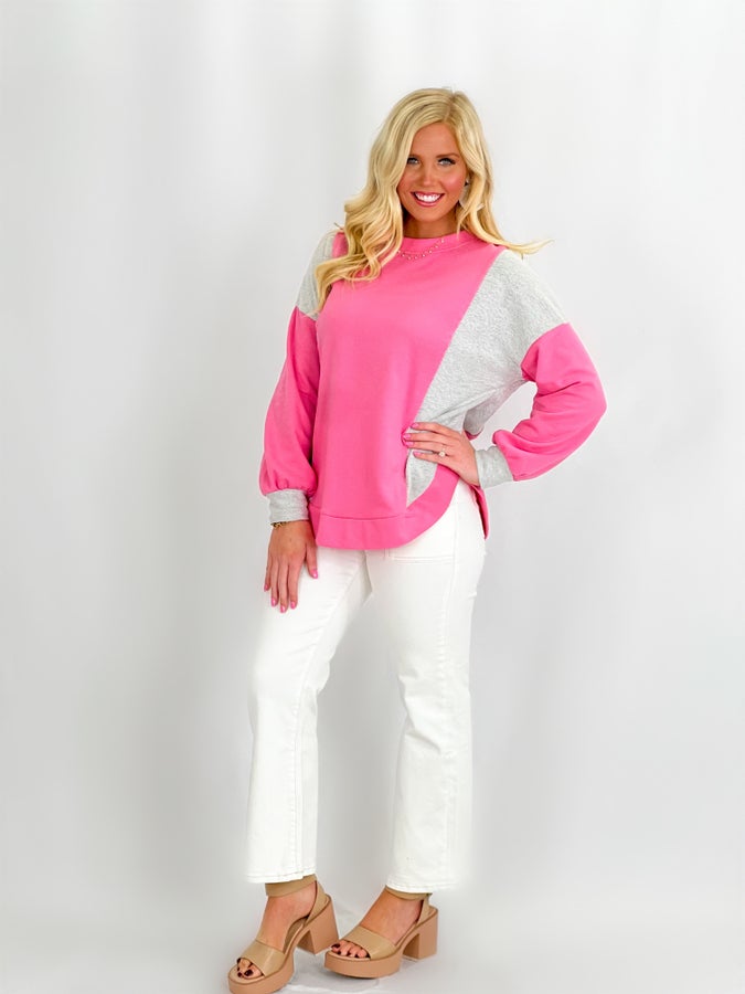 Pink and Heather Grey Color Block Long Sleeve Top