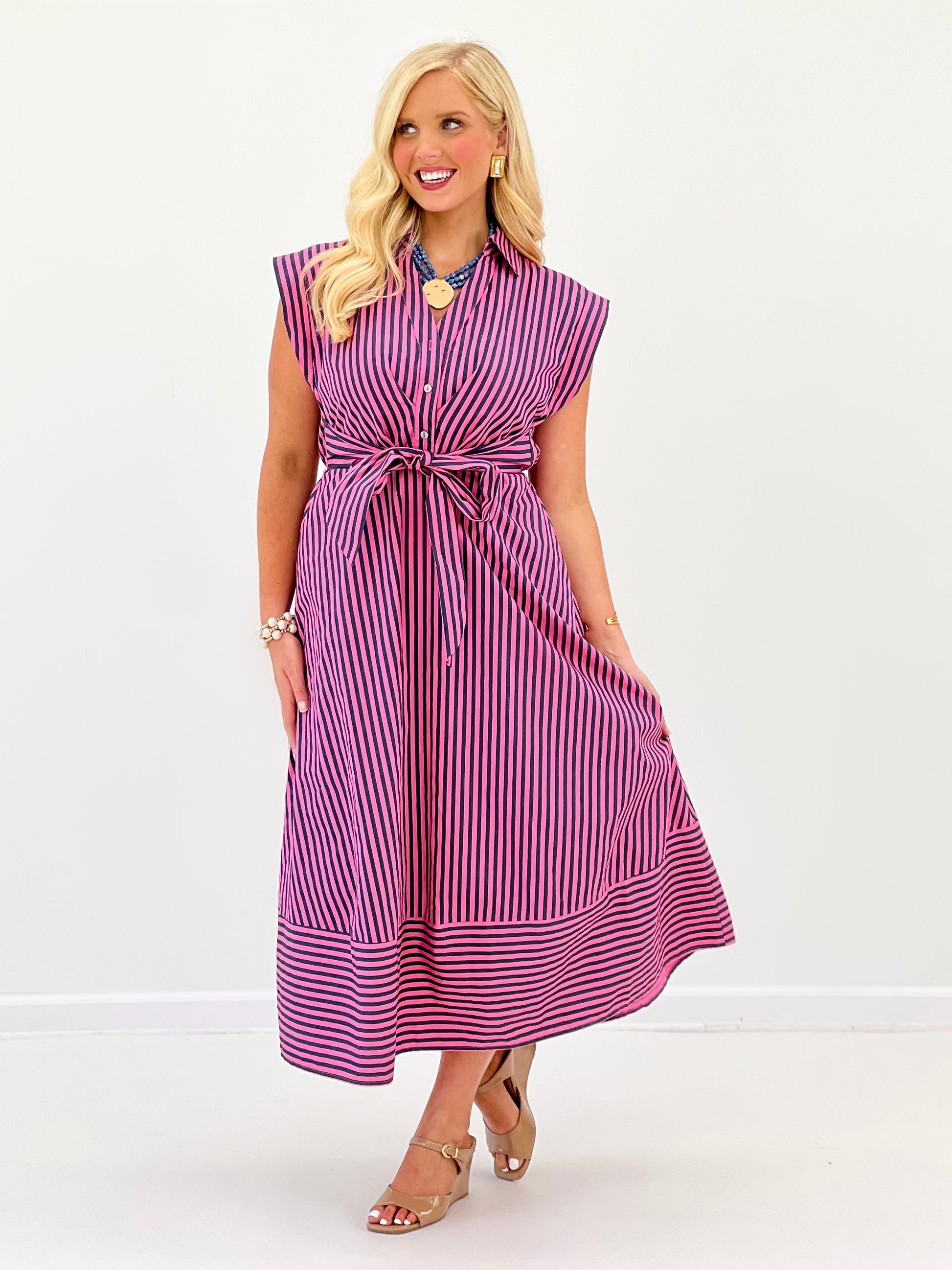 Purple striped belted midi dress with sleeveless V-neck and gathered skirt
