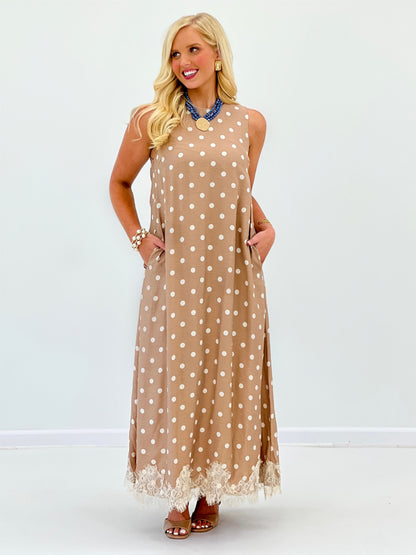 Latte polka dot sleeveless midi dress with A-line fit and lace-trim hem
