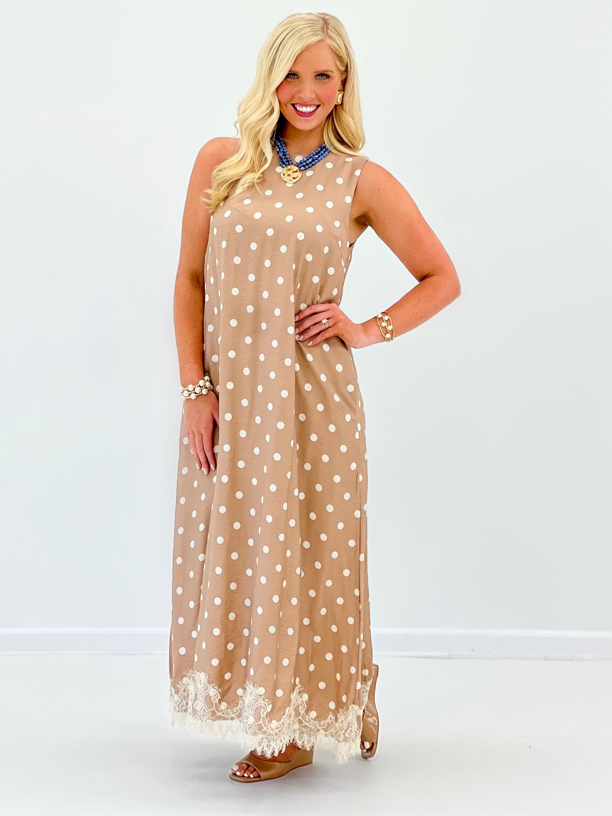 Latte polka dot sleeveless midi dress with lace-trim hem and round neckline