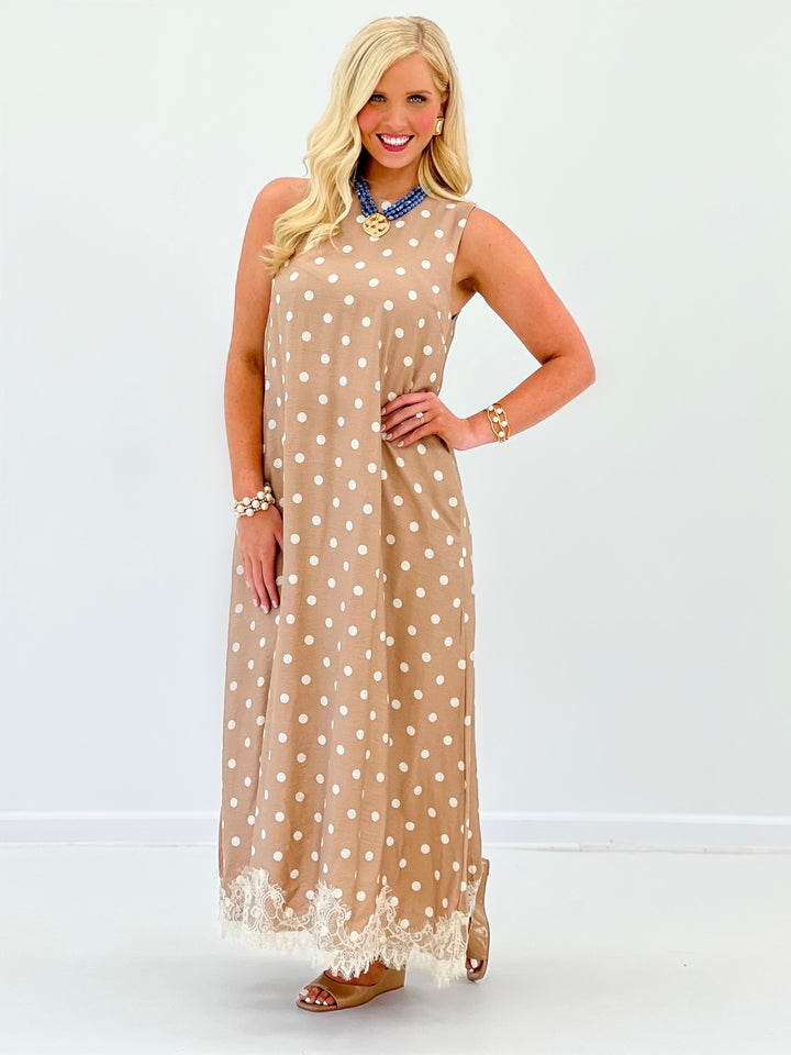 Latte polka dot sleeveless midi dress with lace-trim hem and round neckline