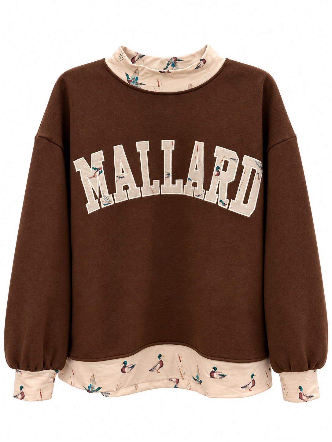 Coffee-brown embroidered mallard top with crew neck, long sleeves, and printed cuffs/hem