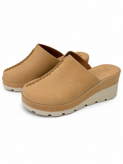 Tan leather mules with braided trim and platform sole, slip-on clog style