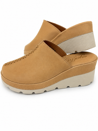 Tan leather mule with braided detail, cushioned platform sole, wedge heel