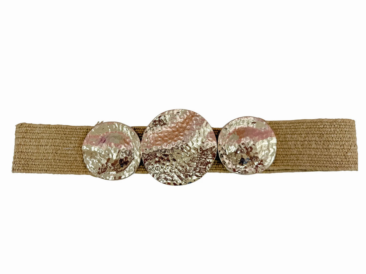 Tan woven belt with three hammered round disc buckle