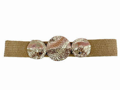 Tan woven belt with three hammered round disc buckle
