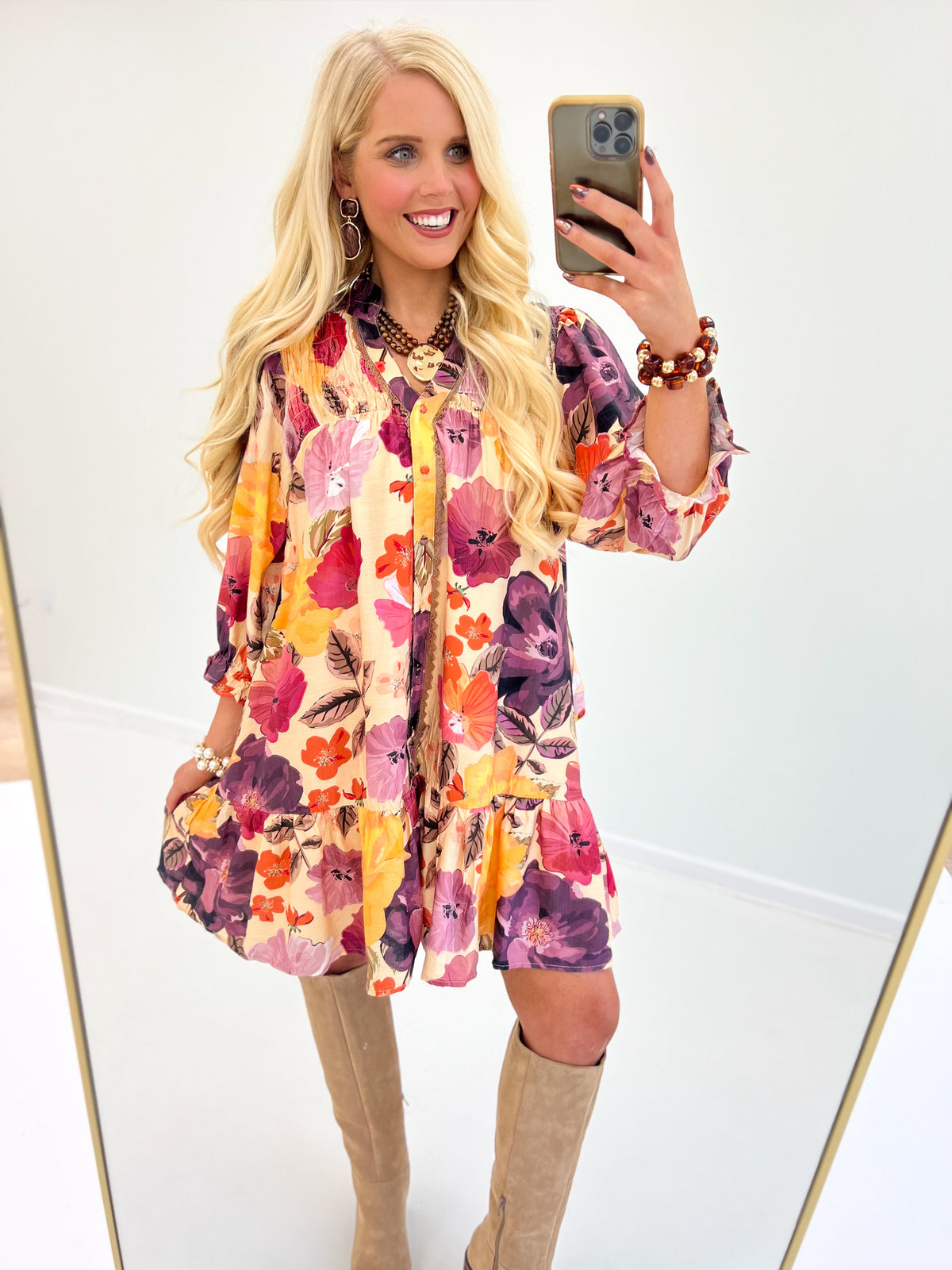 Floral smocked yoke button-front mini dress, long sleeves, ecru base with pink and purple flowers