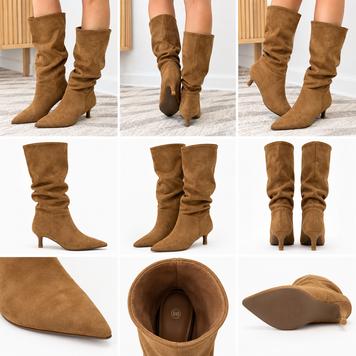 Corky's Company camel suede party boots, multiple angles incl. sole and interior