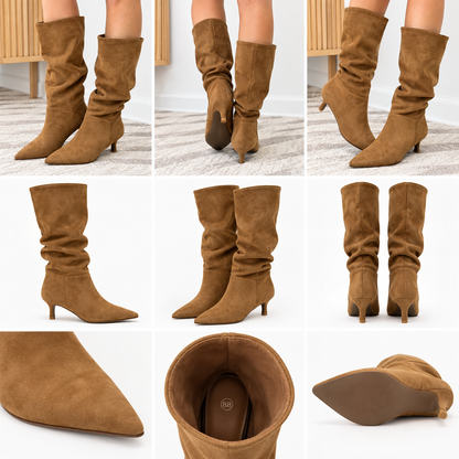 Corky's Company camel suede party boots, multiple angles incl. sole and interior