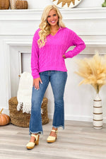 Magenta Pink Long Sleeve V-Neck Knit Collar Top