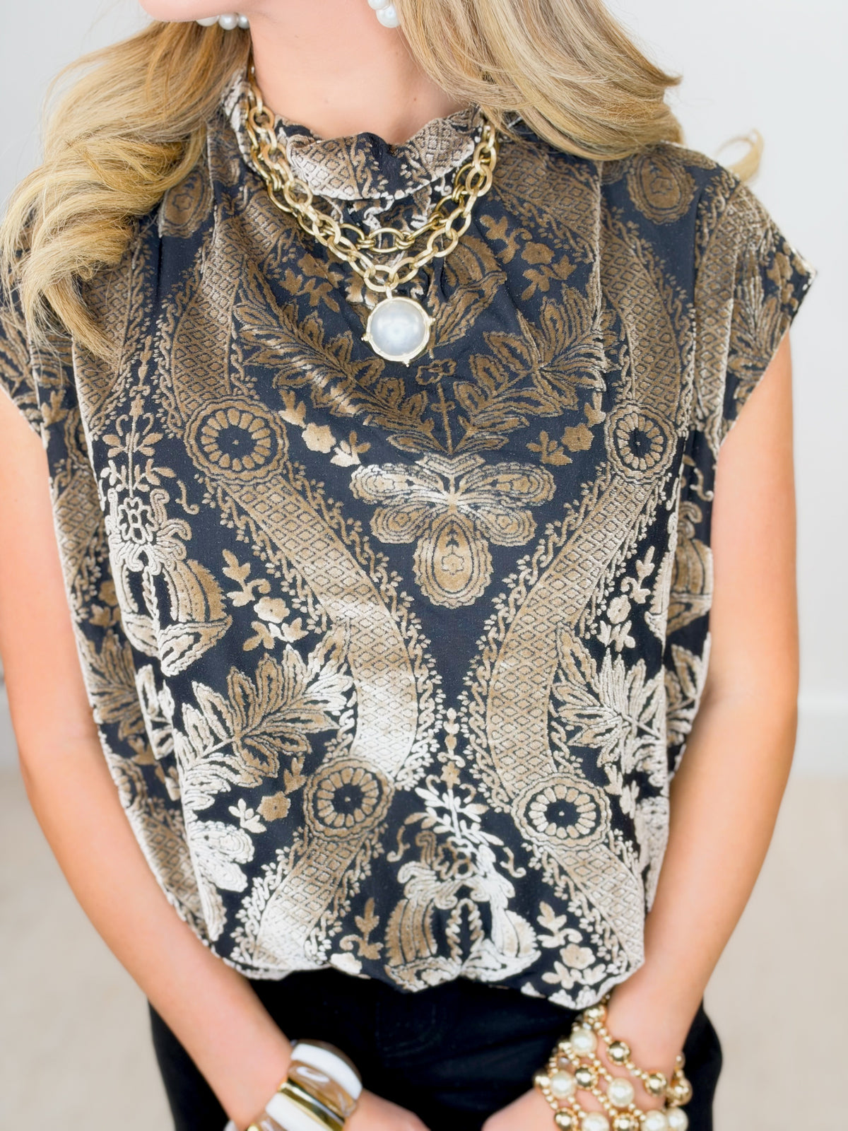 Charcoal velvet printed boxy bubble top with gold-and-ivory ornate pattern
