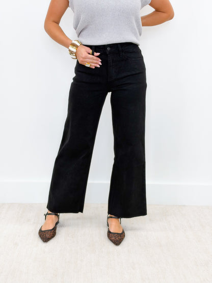 Black high-rise crop wide-leg jeans with belt loops and wide hems