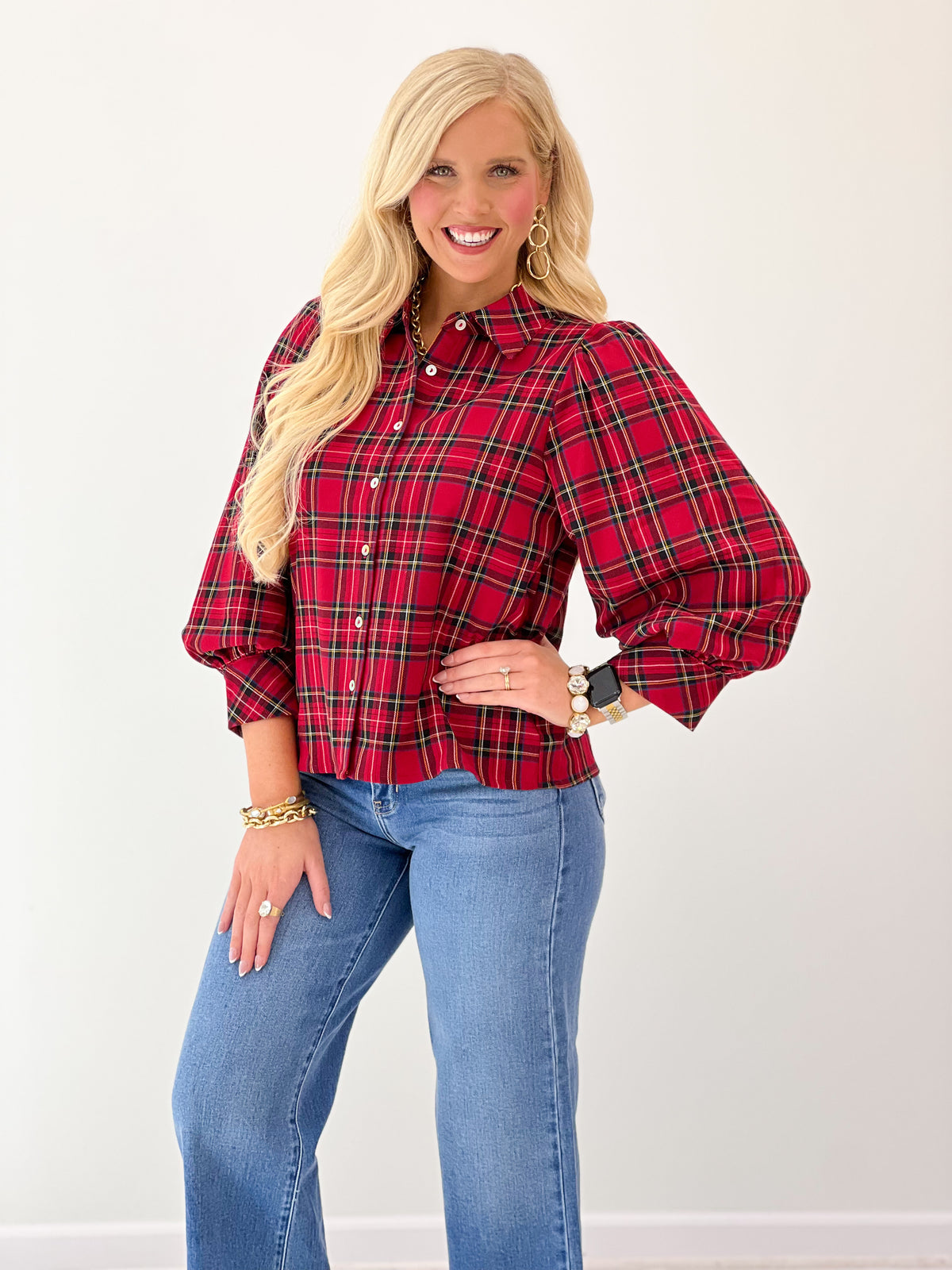 Red plaid stretch knit button-front top with collar, gathered puff sleeves and cuffs