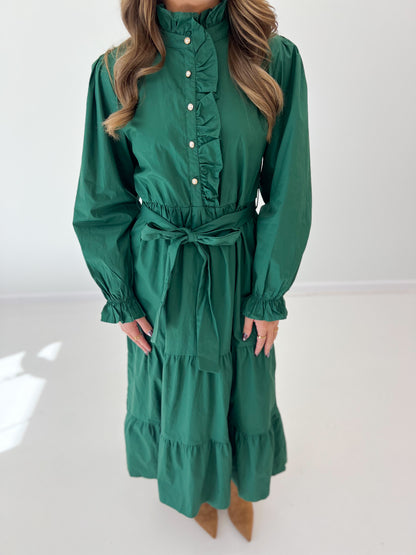 Hunter green tiered midi dress with ruffle front, button placket, tied waist
