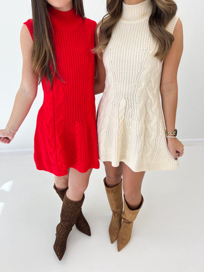 Sleeveless knit cable mock neck dress in red and cream, A-line flare
