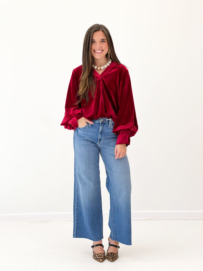 Wine velvet V-neck pleated top with puff sleeves and gathered knot front