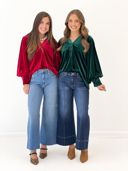Velvet puff-sleeve V-neck pleated top, wine and hunter green
