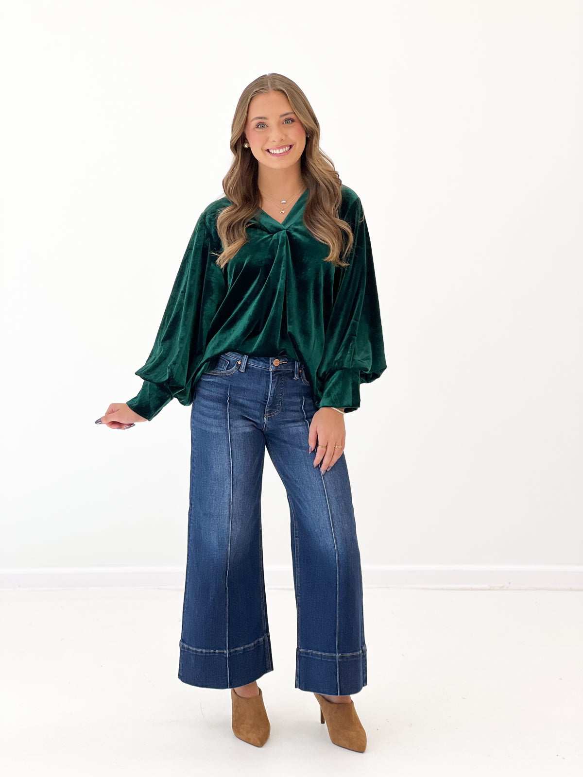 Hunter green velvet puff-sleeve V-neck pleated top with gathered neckline